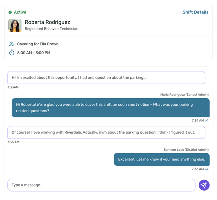 Messages between a school and the Spindle team