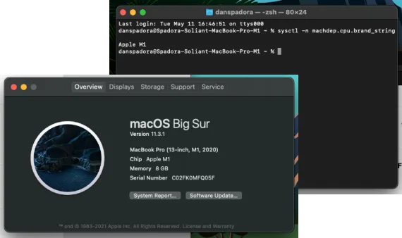Mac system information window showing processor and memory details.