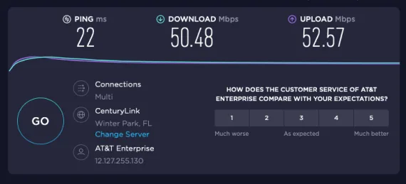 Mac screenshot of an internet speed test result.