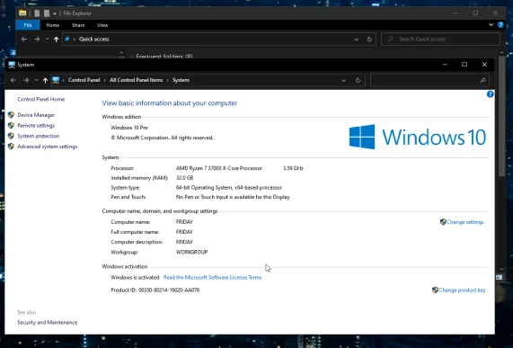 Windows system information screen showing processor and memory details.
